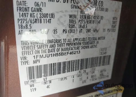 2011 Ford Expedition Xlt из США, поврежденный, VIN 1FMJU1H55BEF46213